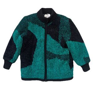 Vintage Jennifer Chase Knit Coat Jacket L Black Teal Abstract 80s 90s